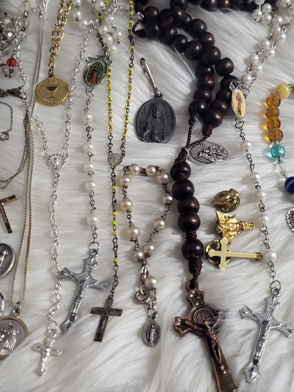 Religious Mixed-Metal Rosary and Pendant Necklace - Brown Beads & Silver Cross